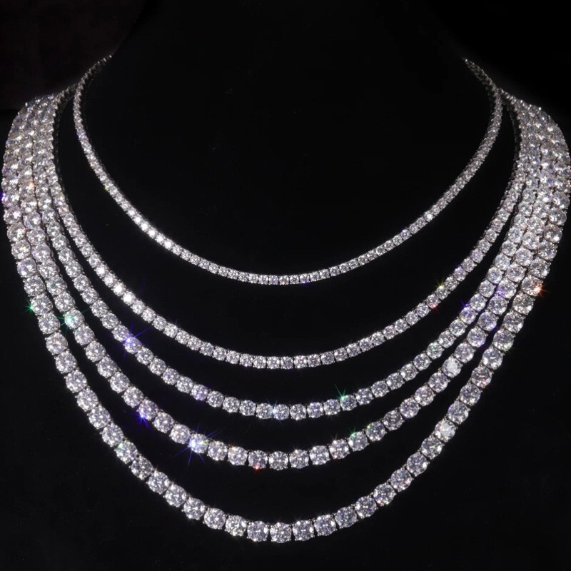 3-6.5mm Round Cut Moissanite Tennis Necklace Women Men 18K White Gold Plated GRA