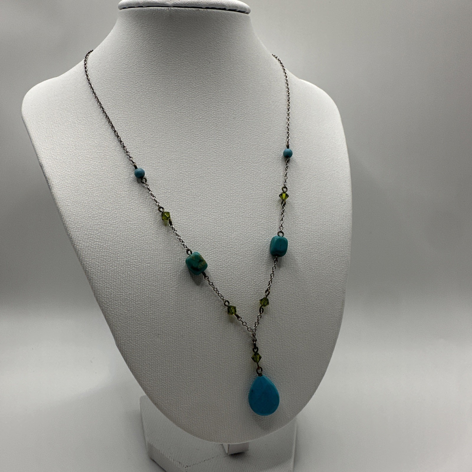 Sterling Silver Green Blue Y Drop Necklace 16.5 Inch