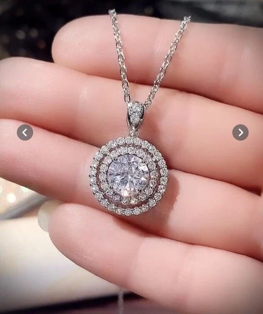 2Ct Round Lab Created Diamond Double Halo Pendant Necklace 14K White Gold Plated