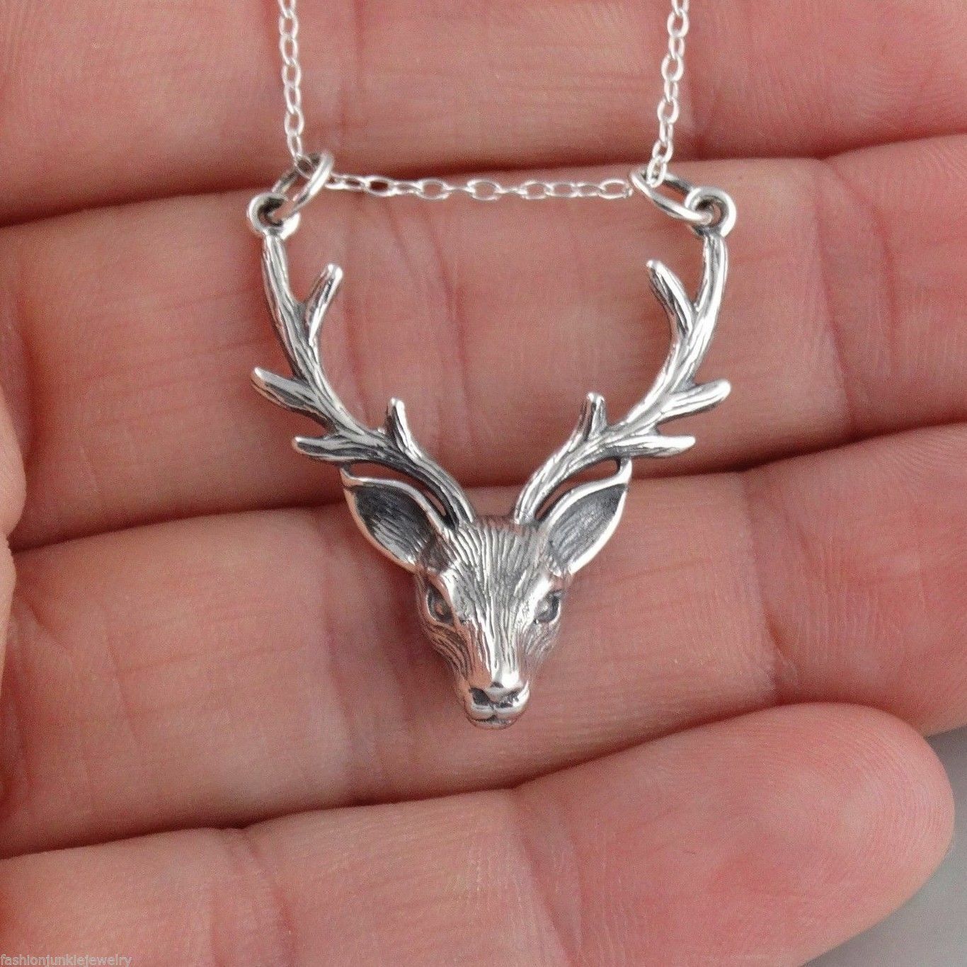 3D Stag Head Antler Necklace – 925 Sterling Silver – NEW Male Deer Elk Hunting