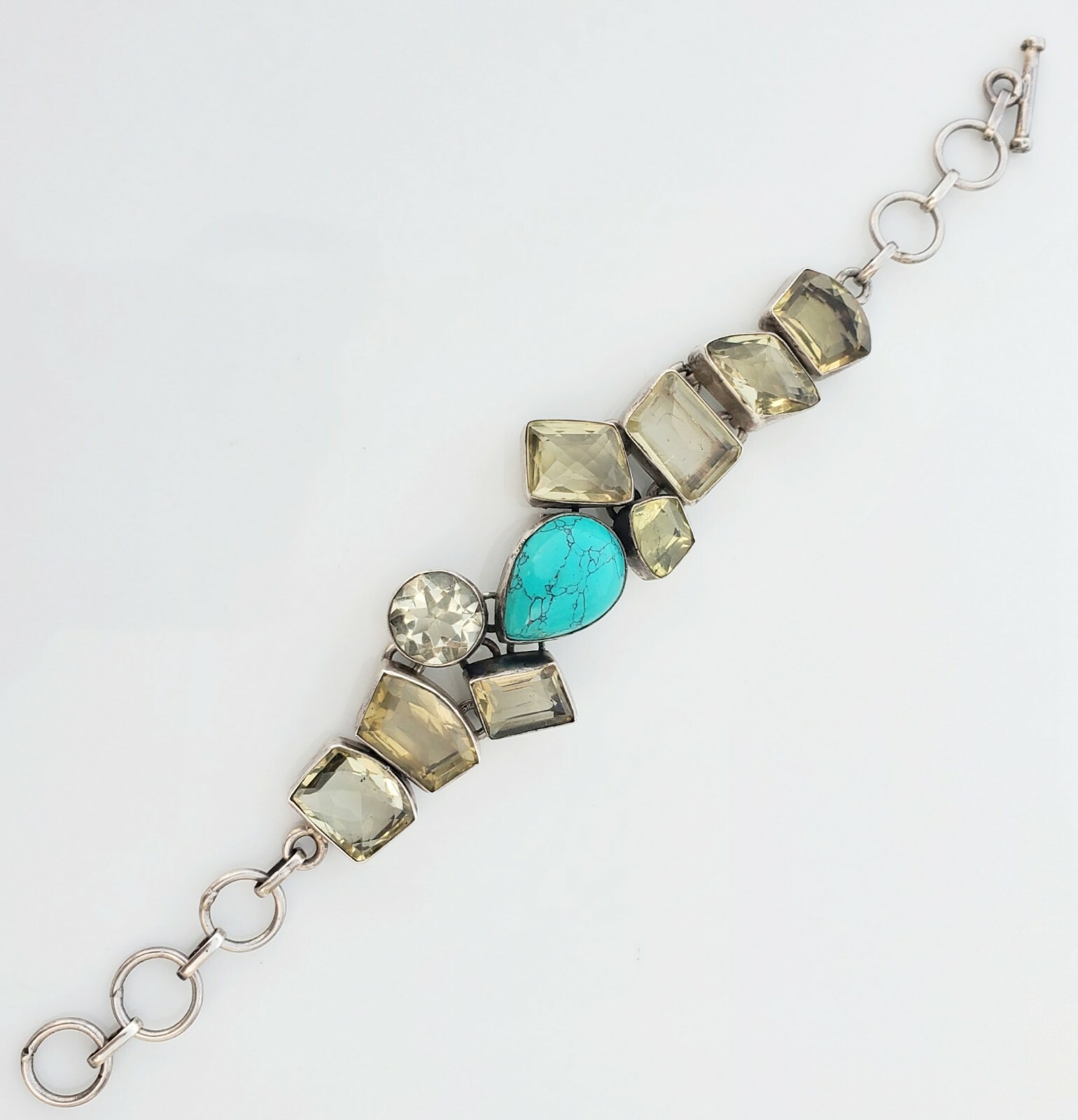 925 Silver Statement Necklace & Bracelet Turquoise Smokey Quartz Fossil Pearl