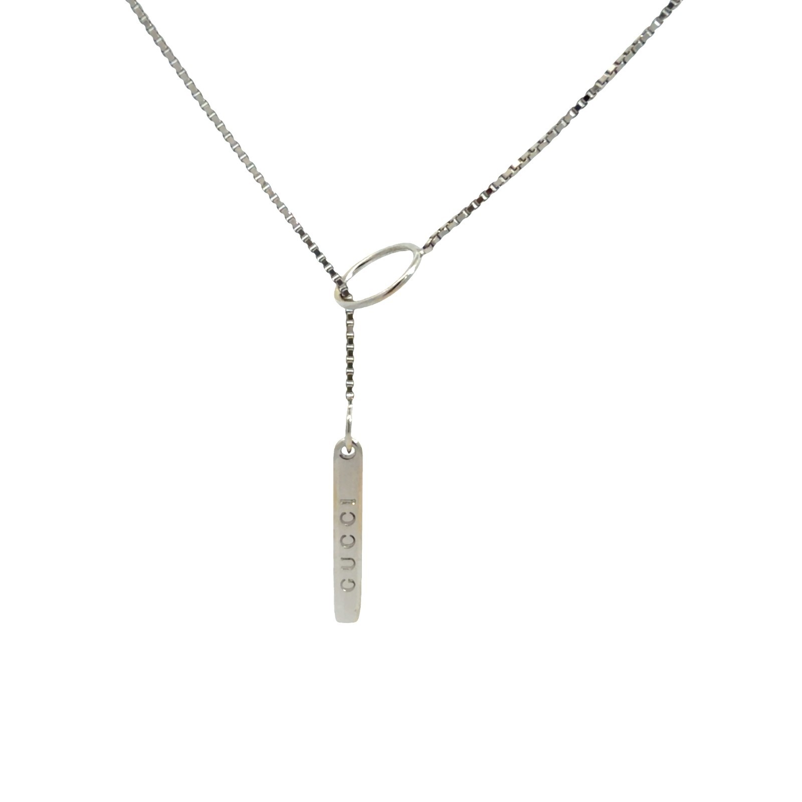 Gucci 18k White Gold Lariat Bar Pendant Box Chain Necklace 18″