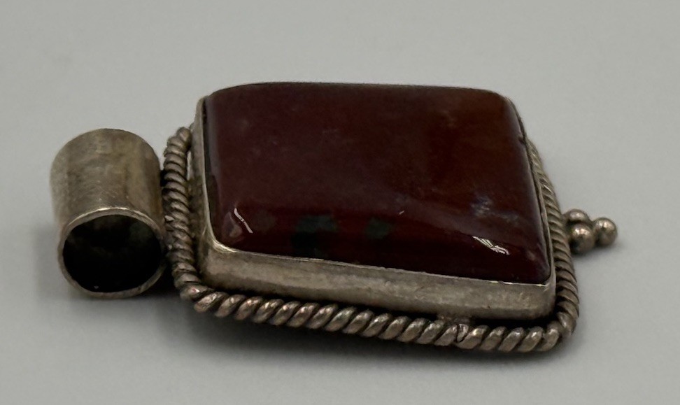 Vintage Red Jasper Sterling Silver 925 Rectangular Pendant Braided Metal Accent