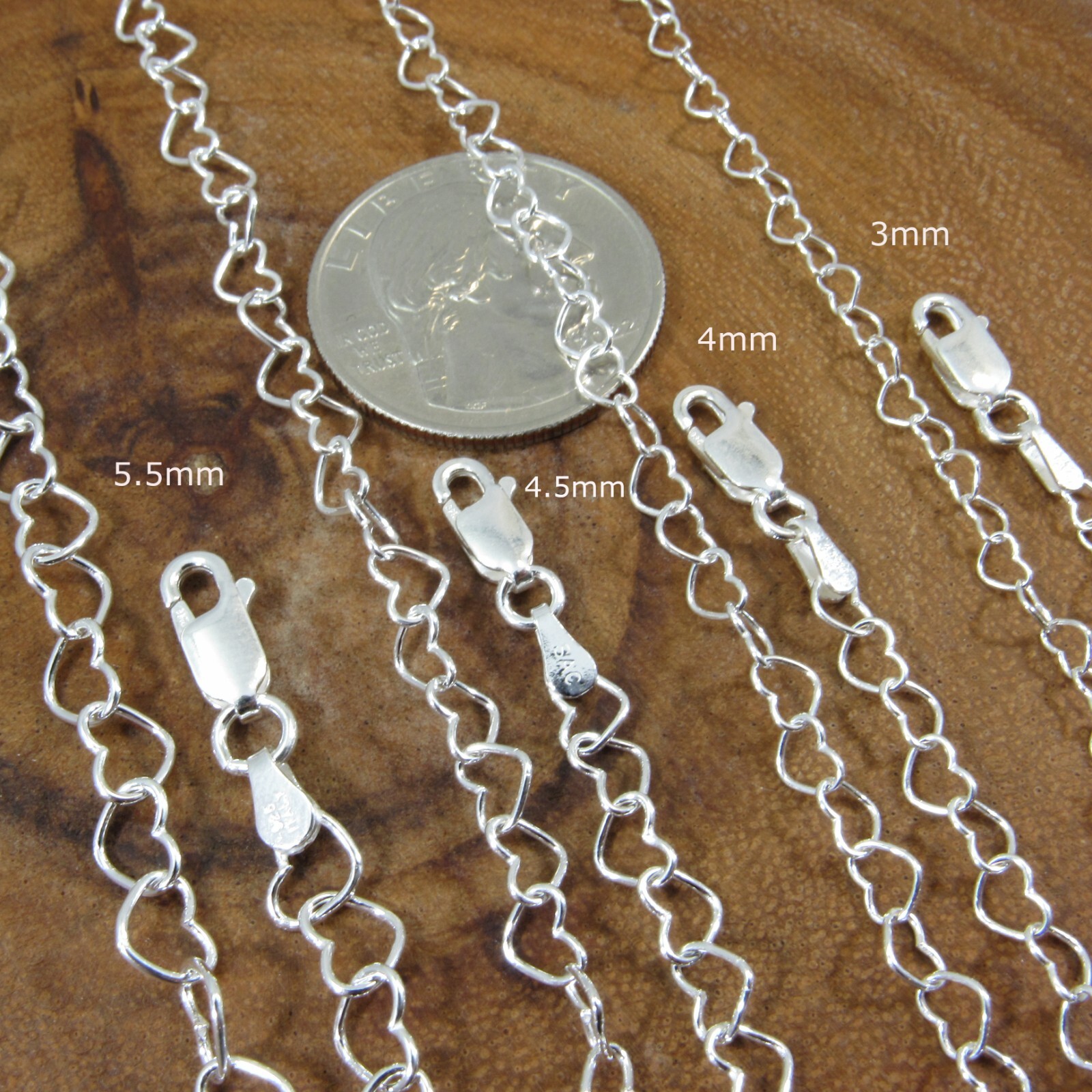 Solid 925 Sterling Silver Womens Heart Link Chain Necklace, Anklet, or Bracelet
