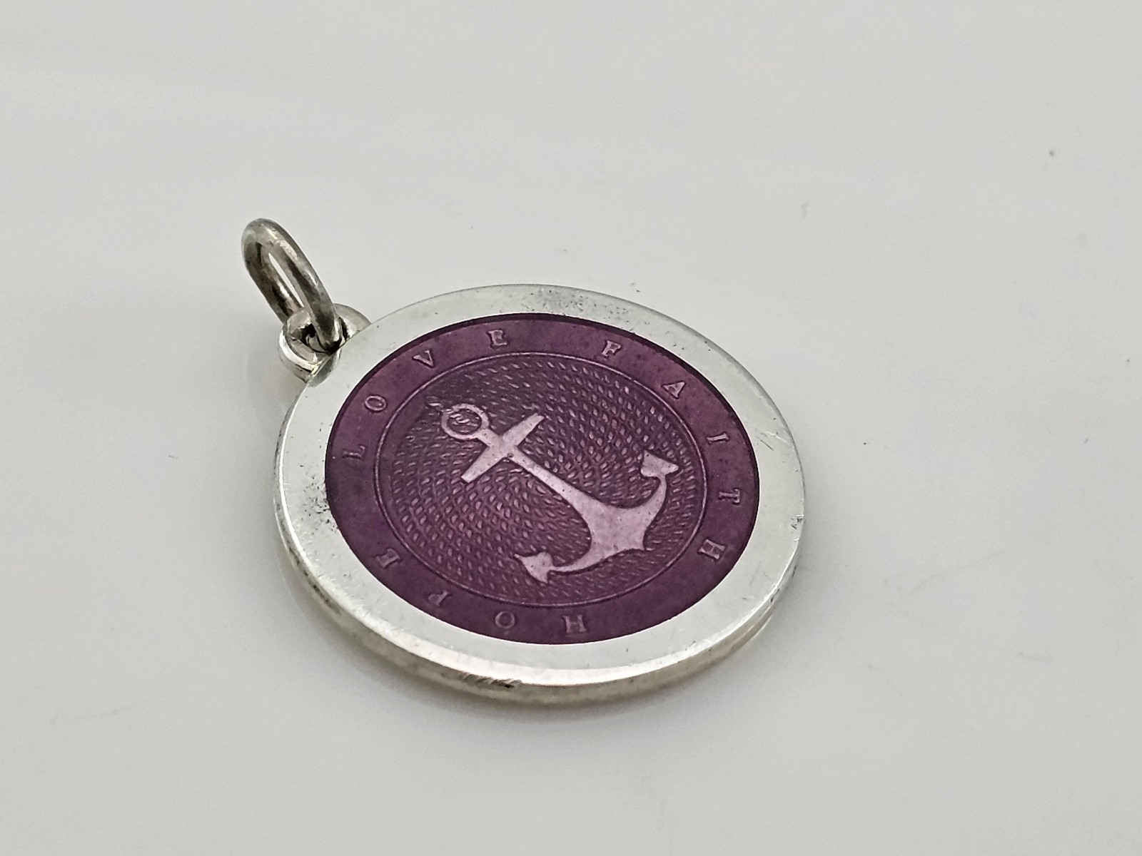 Anchor Hope Love Faith Lavender Enamel 925 Sterling Silver Medal Pendant 27mm