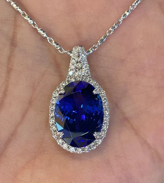 3Ctw Oval Cut Lab-Created Blue Sapphire Halo Pendant 14K White Gold Plated 18″