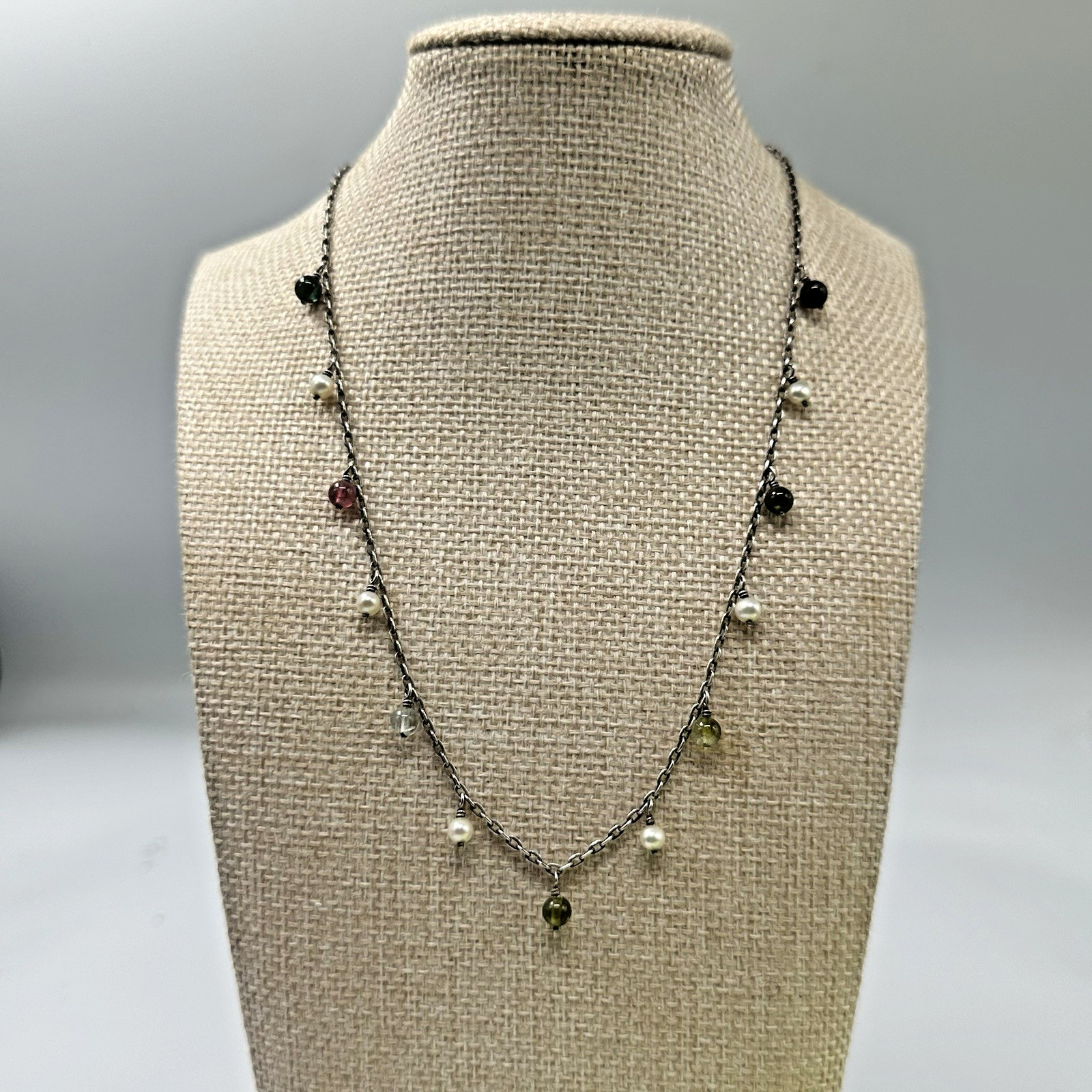 Sterling Silver Mixed Gemstone Pearl Station Necklace Dangling Multicolor Beads