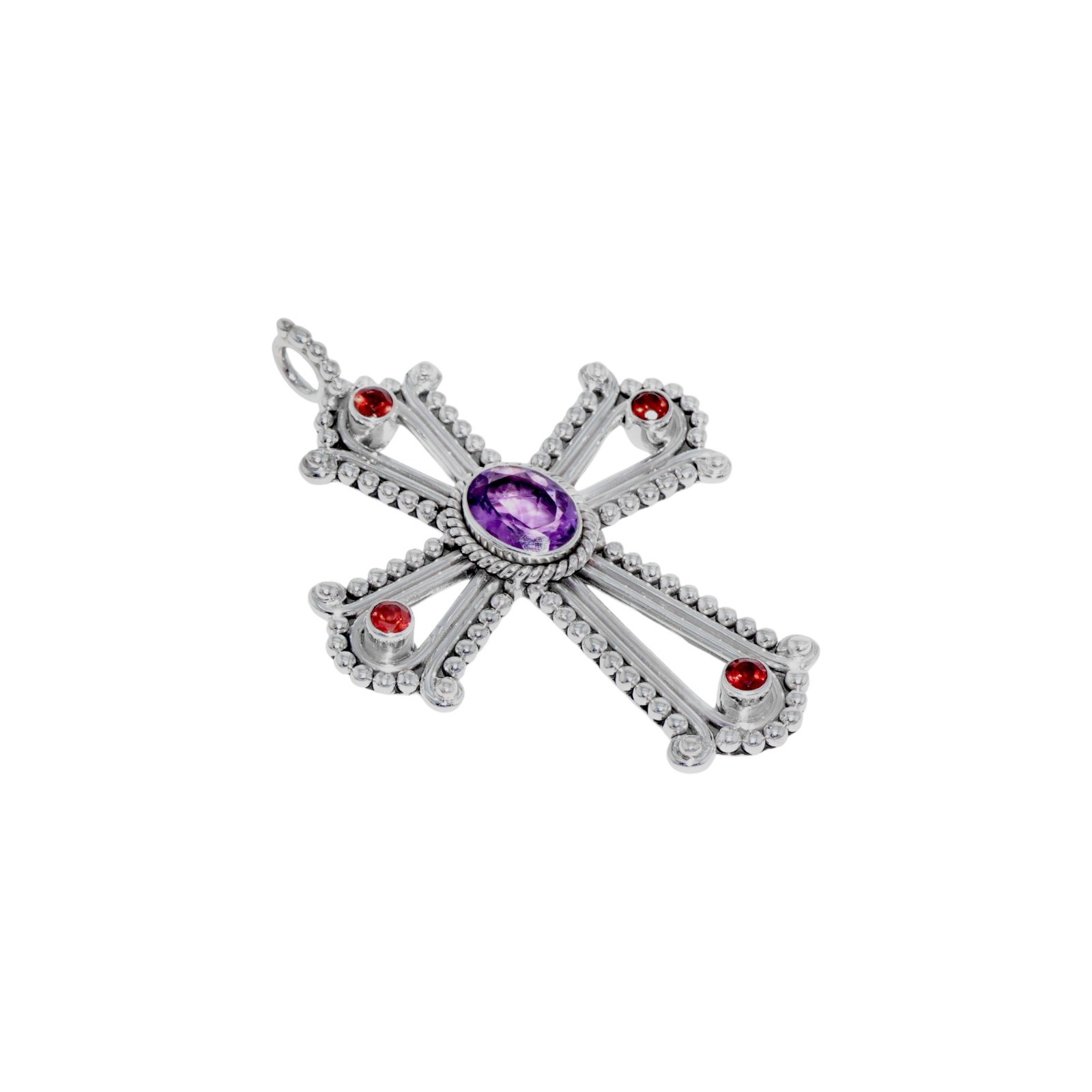 925 Sterling Silver Natural Amethyst & Garnet Cross Pendant Womens Jewelry Gift