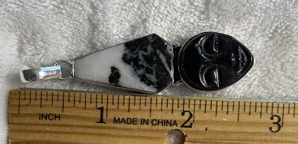 Zebra Jasper Pendant Black White Face Mask 2.75 inches Silver Marked 925