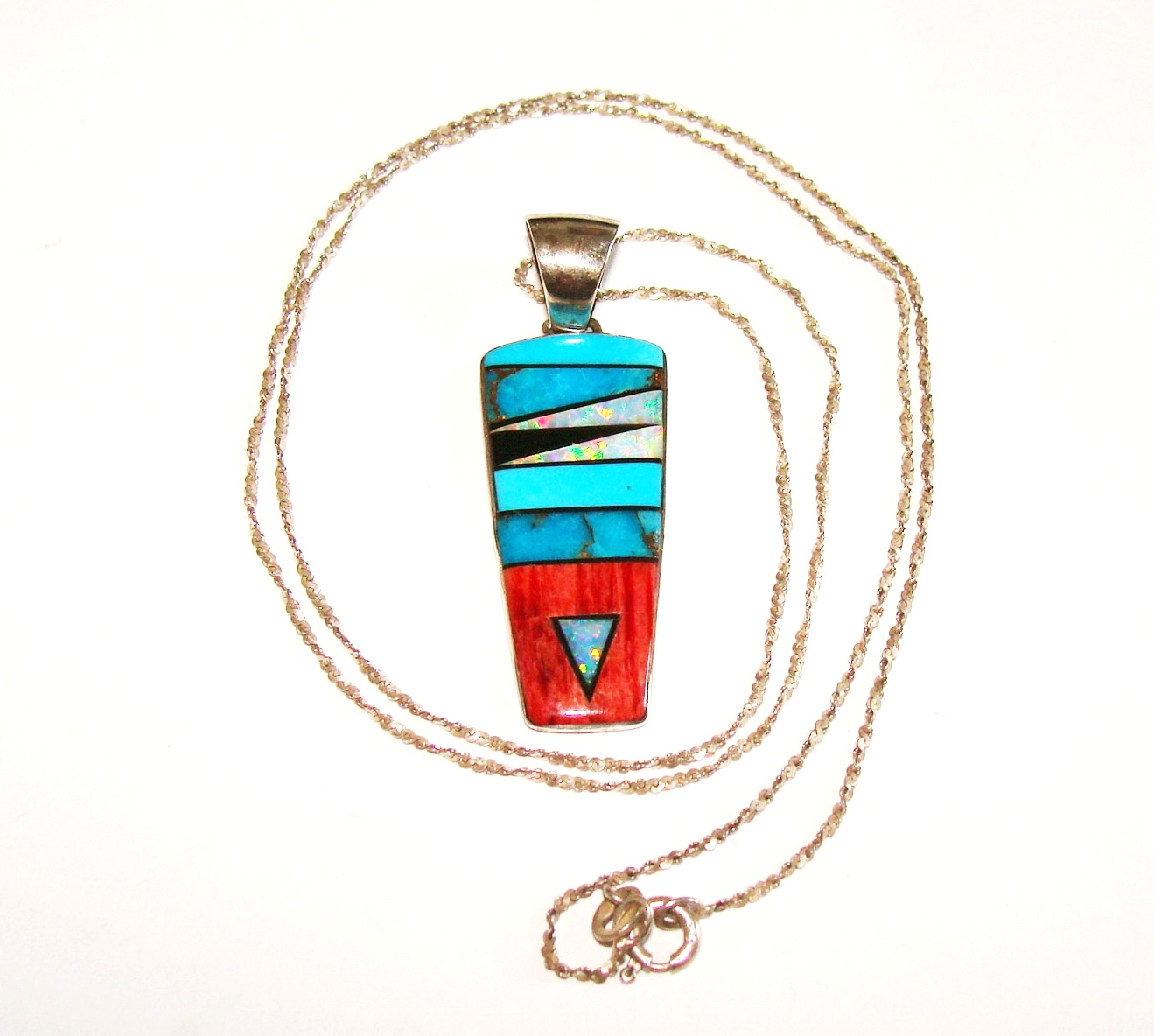Southwestern Like 8.1g Sterling Silver Inlay Turquoise Opal Pendant 24″ Necklace