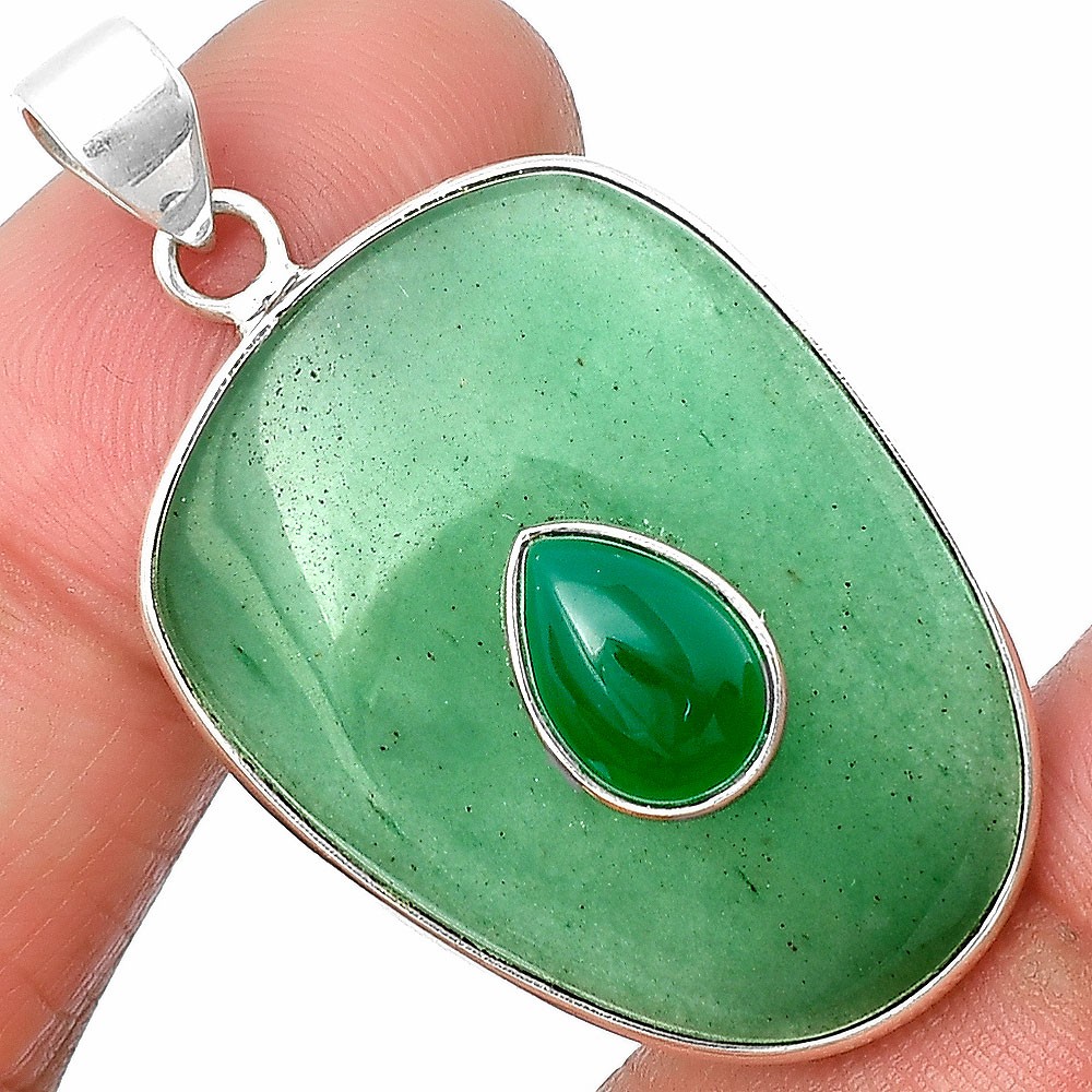 Natural Green Aventurine & Green Onyx 925 Sterling Silver Pendant Jewelry P-1323