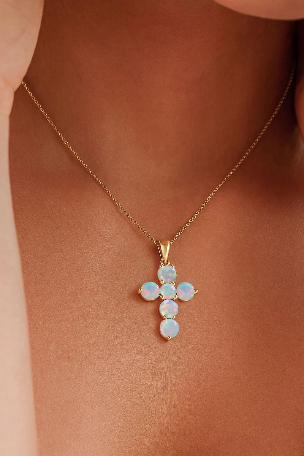 White Multifire Opal Gemstone Gold Cross Pendant, Ethiopian Opal Chain Pendant