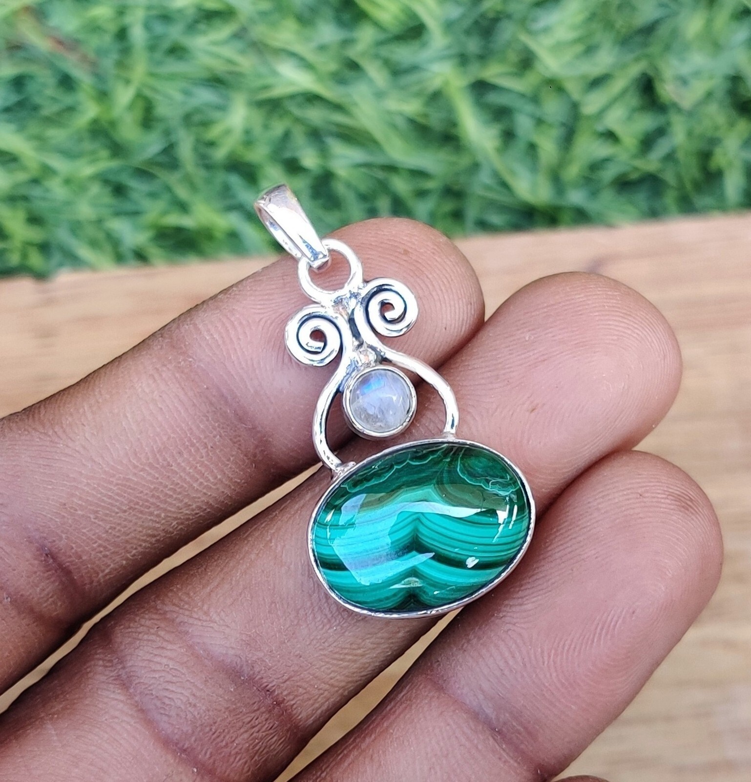Malachite & Moonstone Pendent 925 Sterling Silver Beautiful Pendent