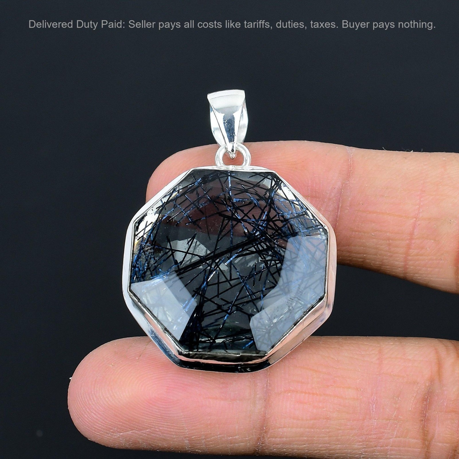 Octagon Black Rutile Gemstone 925 Sterling Silver Anniversary Birthday Pendant