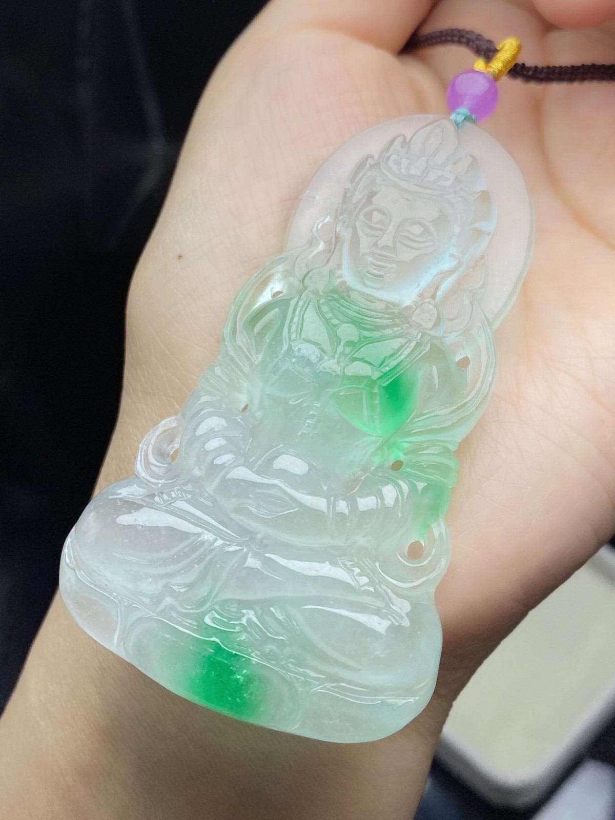 Natural Jadeite light green Carved Guanyin Lucky big Pendant jade Amulet 观音