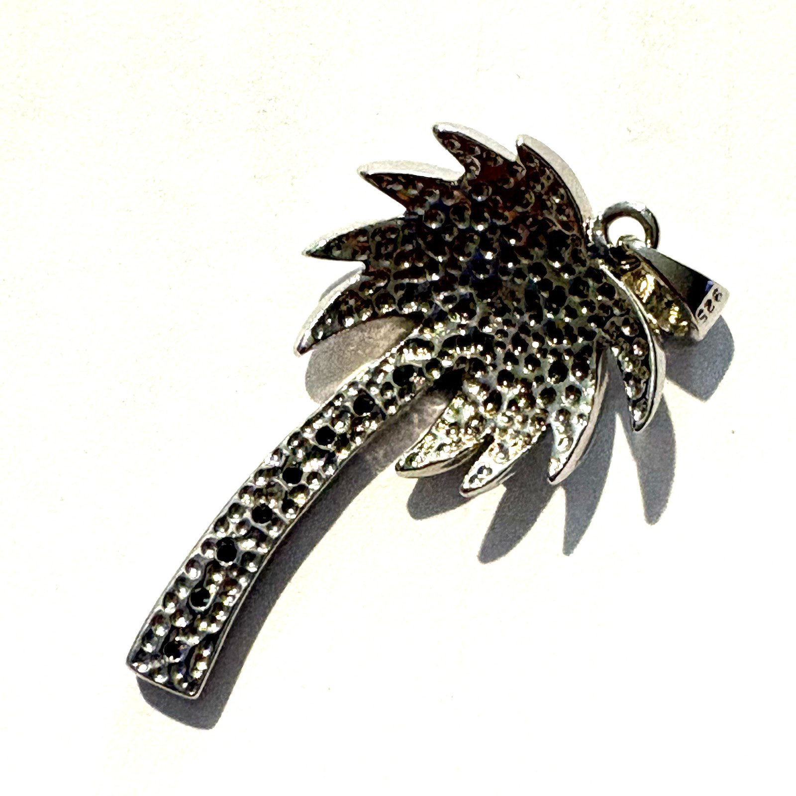 Sterling Silver 925 Palm Tree Pendant Opal & CZ Inlay Tropical Jewelry 1.5″ Long