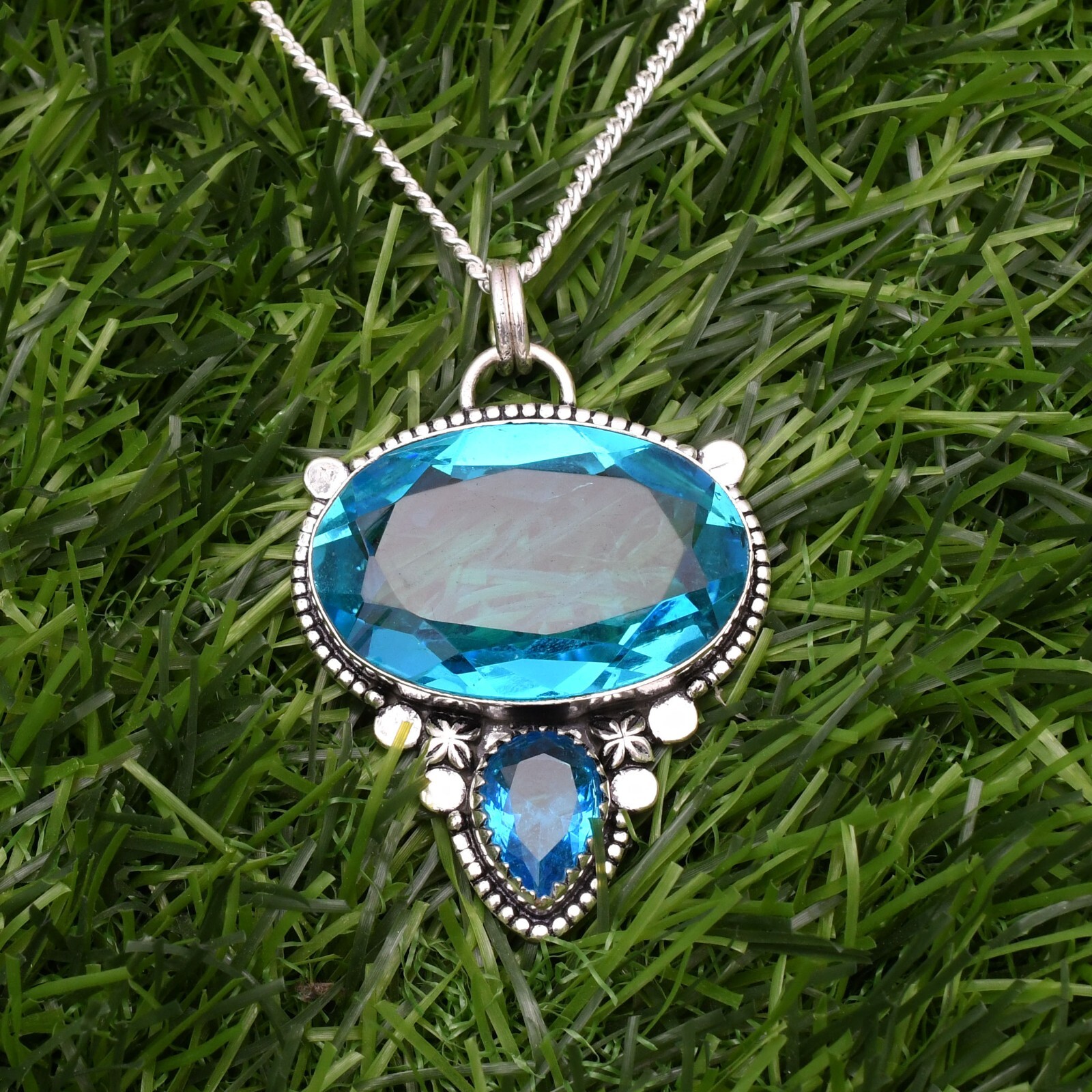 Blue Topaz 925 Sterling Silver Gemstone Handmade Jewelry Pendant 2.15″