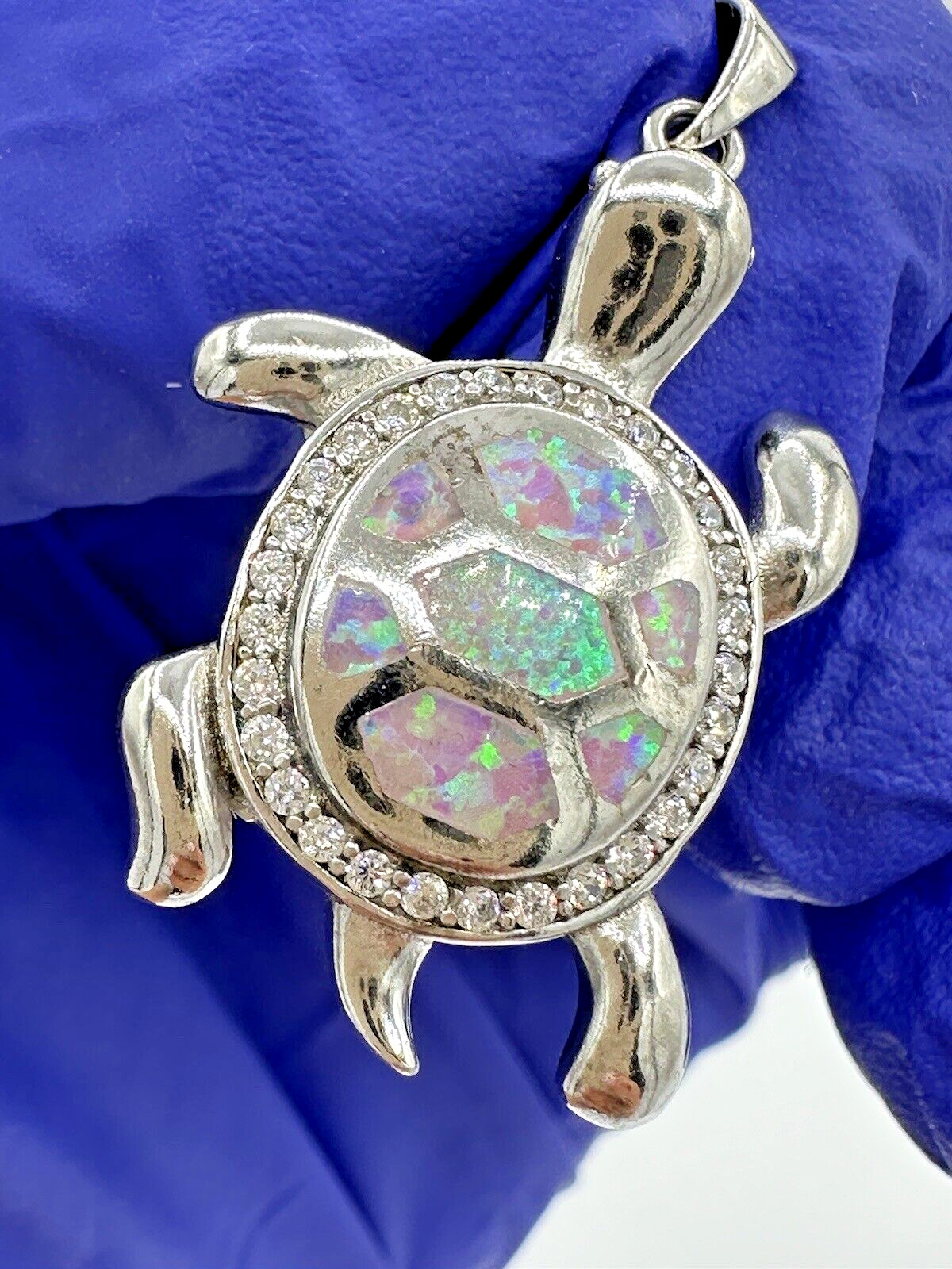 NEW Sterling Silver 925 Female Multicolor Opal Cute Sea Turtle Pendant 1.4”