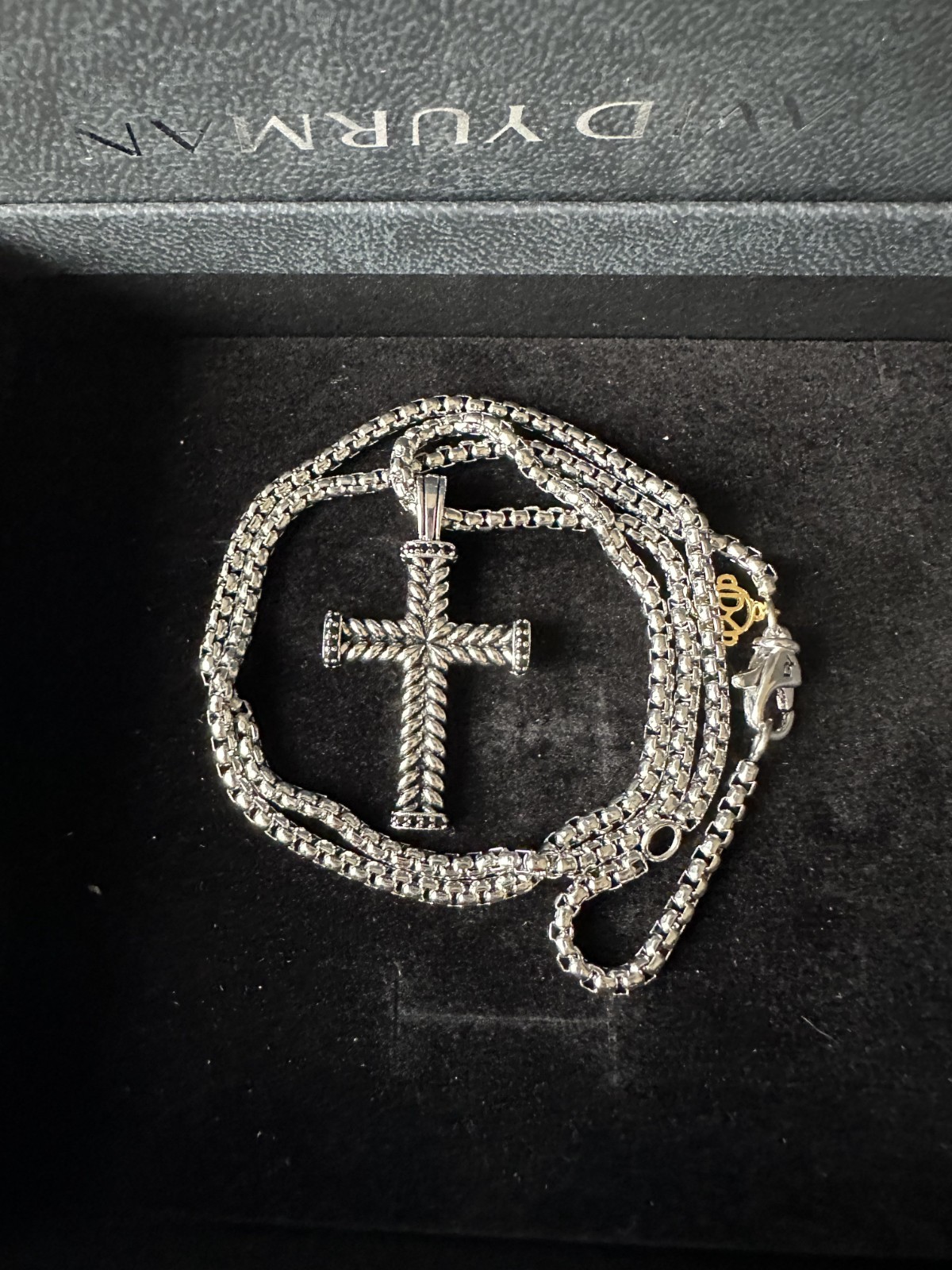 David Yurman Sterling Silver / Black Diamonds Chevron Cross Pendant Length 22″