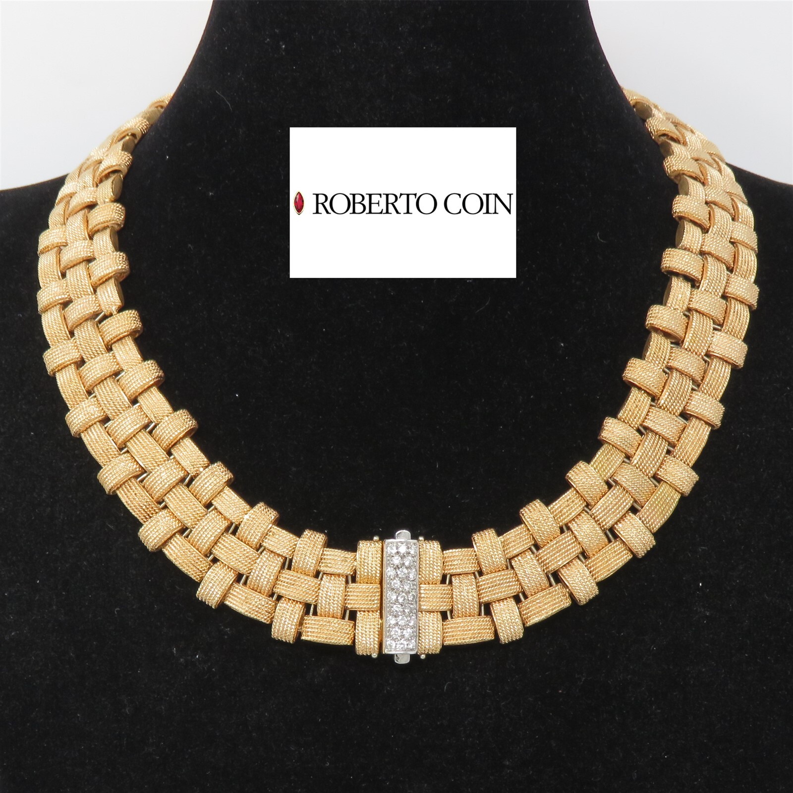 NYJEWEL Roberto Coin Appassionata 18k Gold 21mm Wide Diamond Collar Necklace 16″