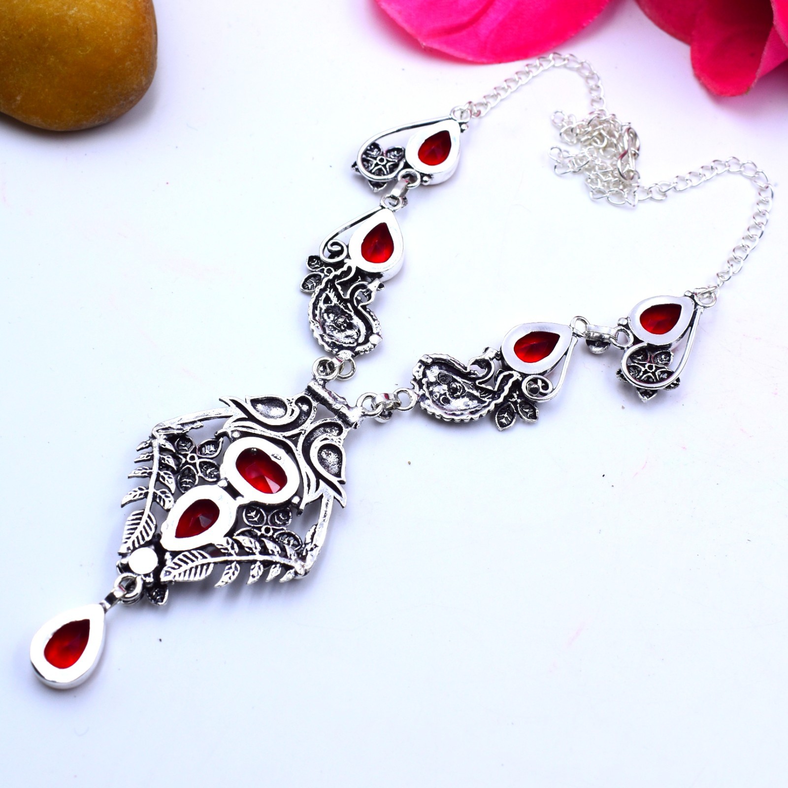 Red Garnet Gemstone Handmade 925 Sterling Silver Jewelry Necklace Sz-17-18″