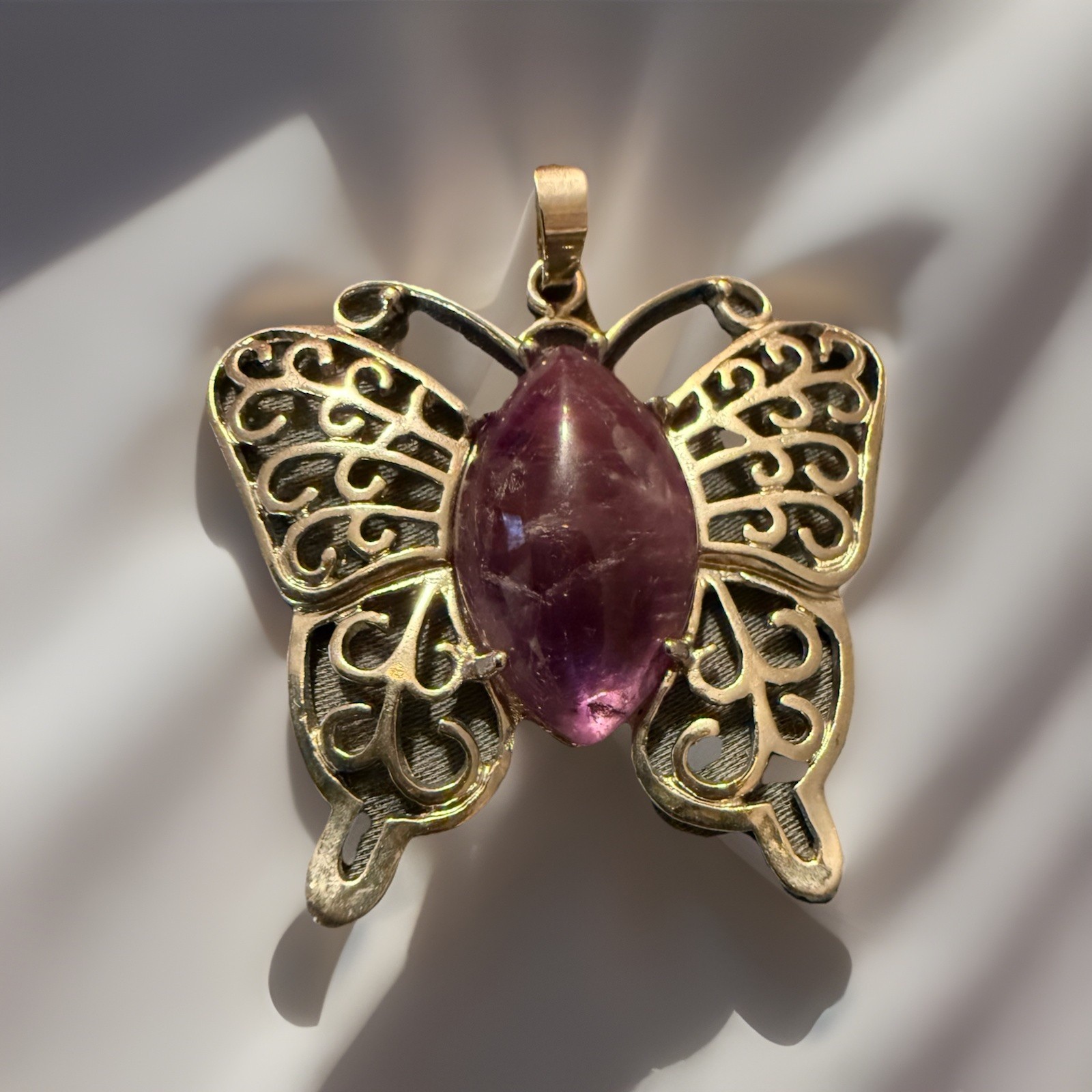 SILVER TONE BUTTERFLY PENDANT METAL WITH REAL AMETHYST STONE