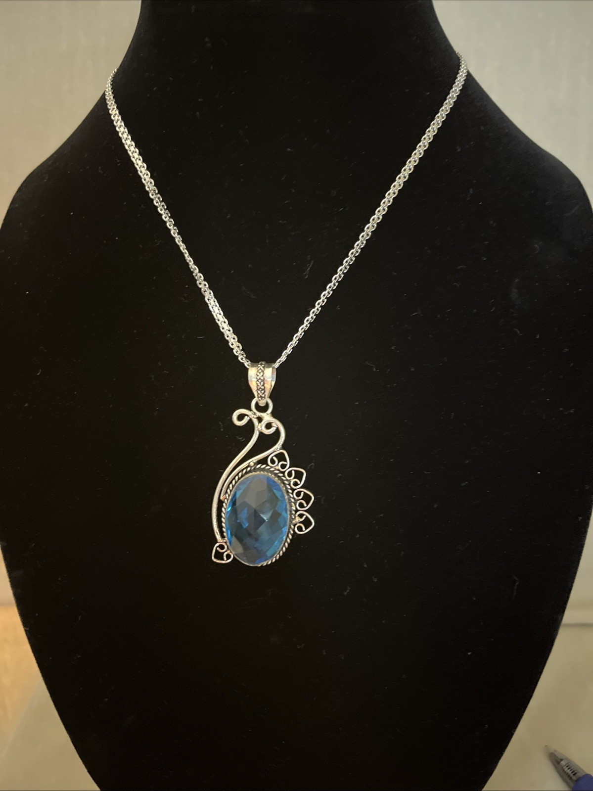 BLUE TOPAZ AND GERMAN SILVER PENDANT NECKLACE HANDMADE