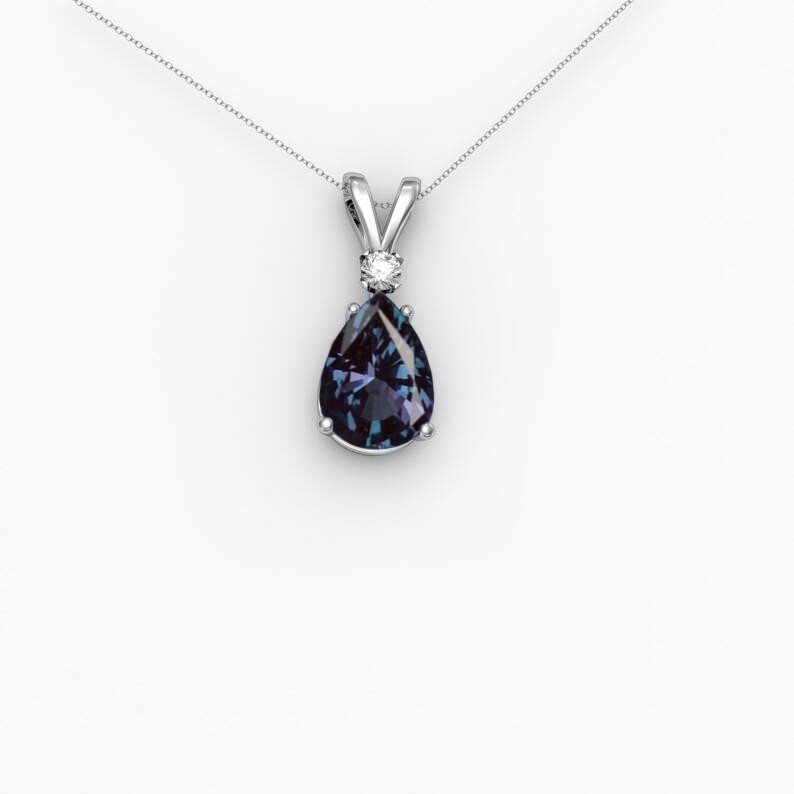 Teardrop Cut Silver Alexandrite Necklace June Birthstone Color Changing