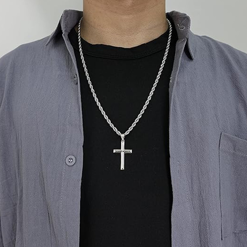 925 silver cross pendant for men and women, simple rope chain necklace