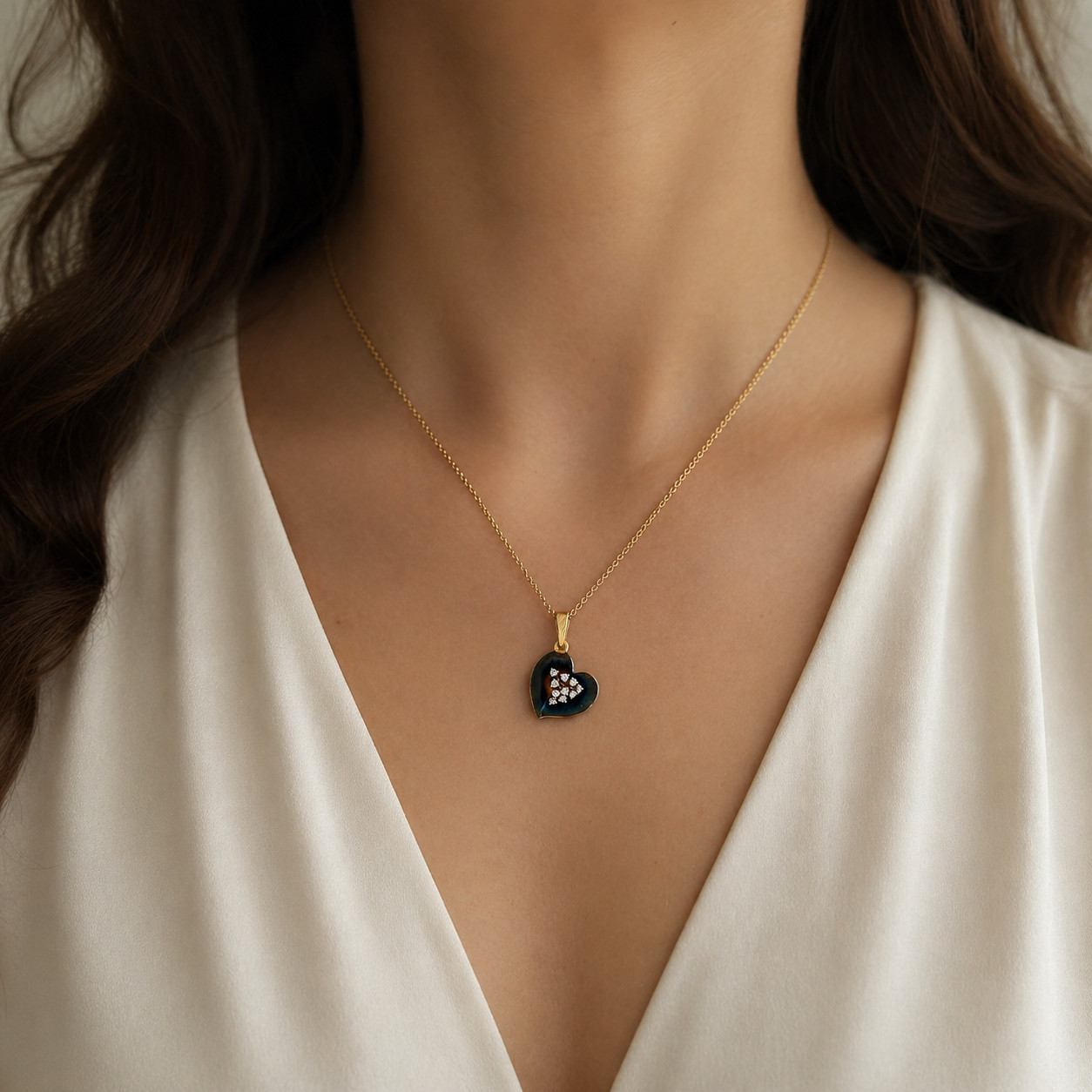 Natural Diamond Heart Pendant Necklace 14K Yellow Gold, Dainty Necklace