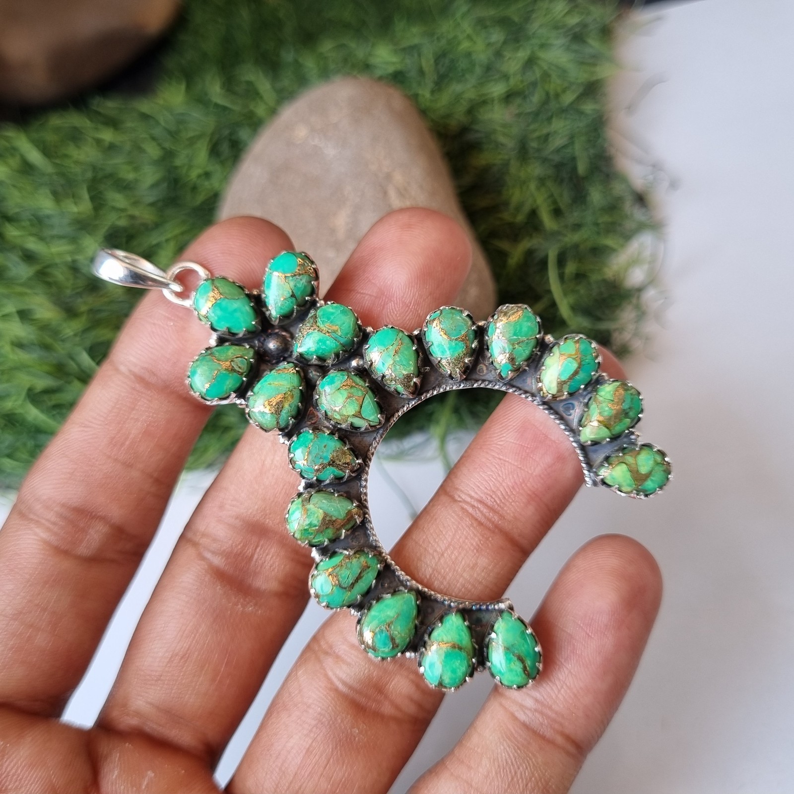 Large Green Copper Turquoise Gemstone Pendant 925 Sterling Silver Gift BT89