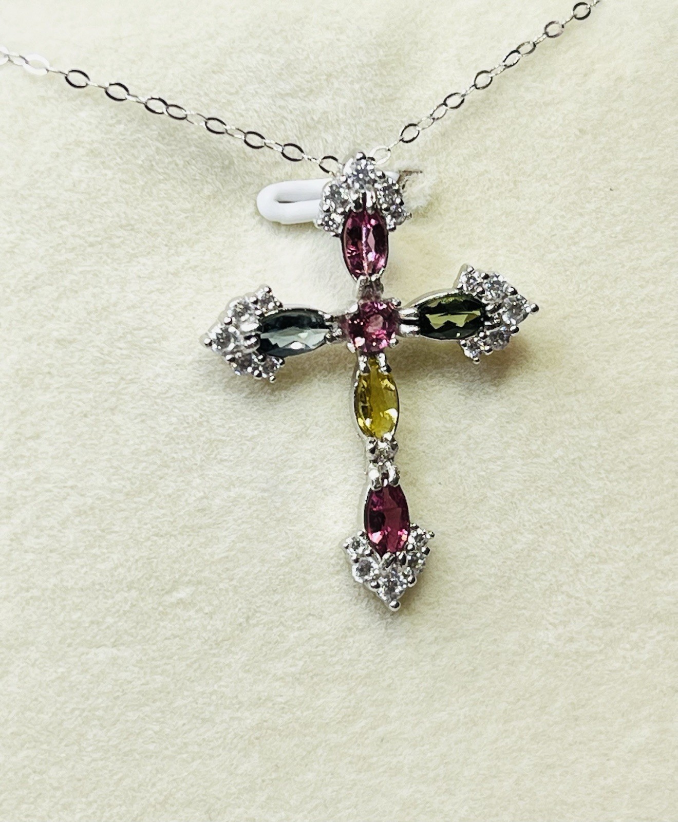 925 Sterling Silver Tourmaline Pink Green Blue Yellow Cross Pendant Necklace