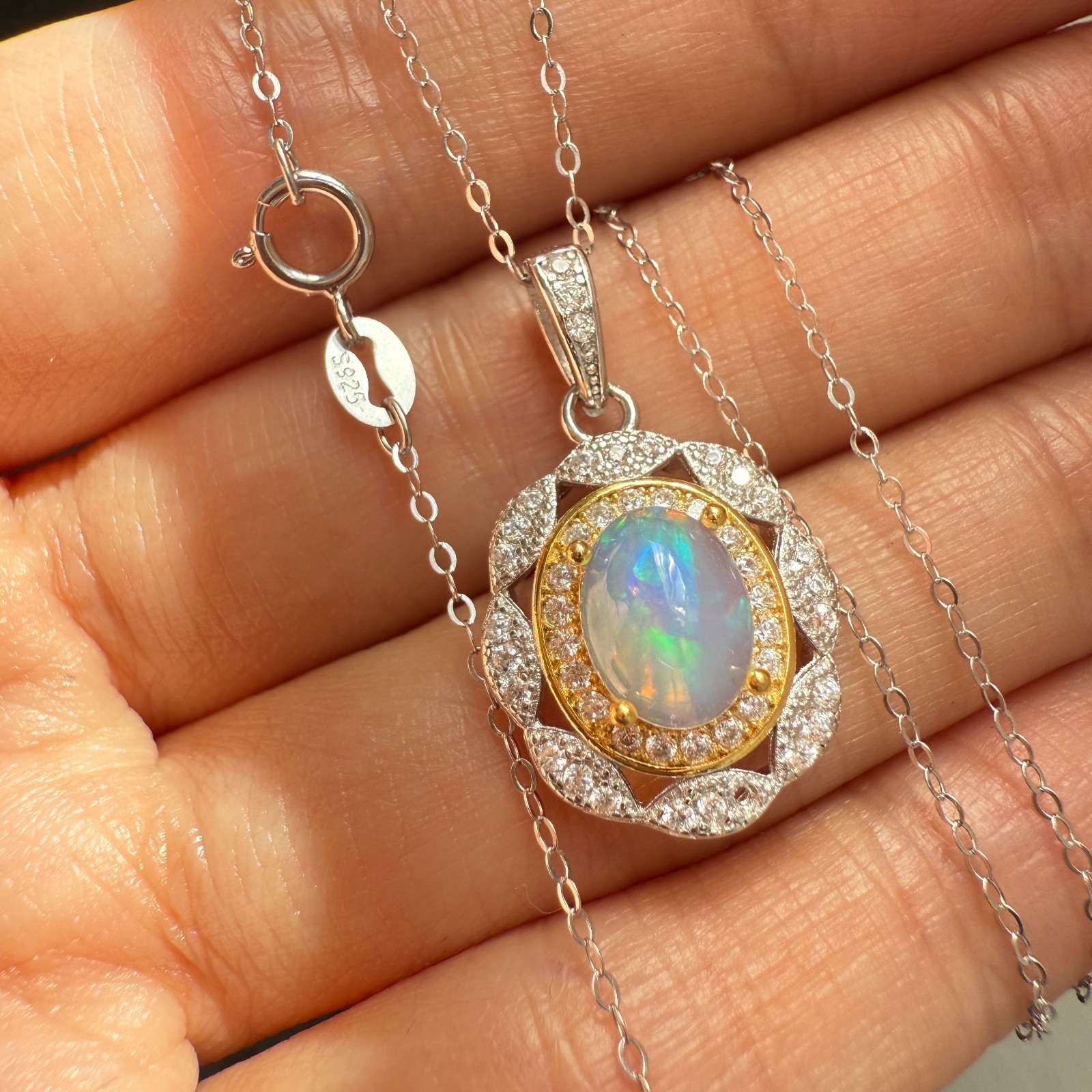 925 Sterling Silver Necklace 8x6mm Natural Opal 14K Gold Plated Flower Chain NEW