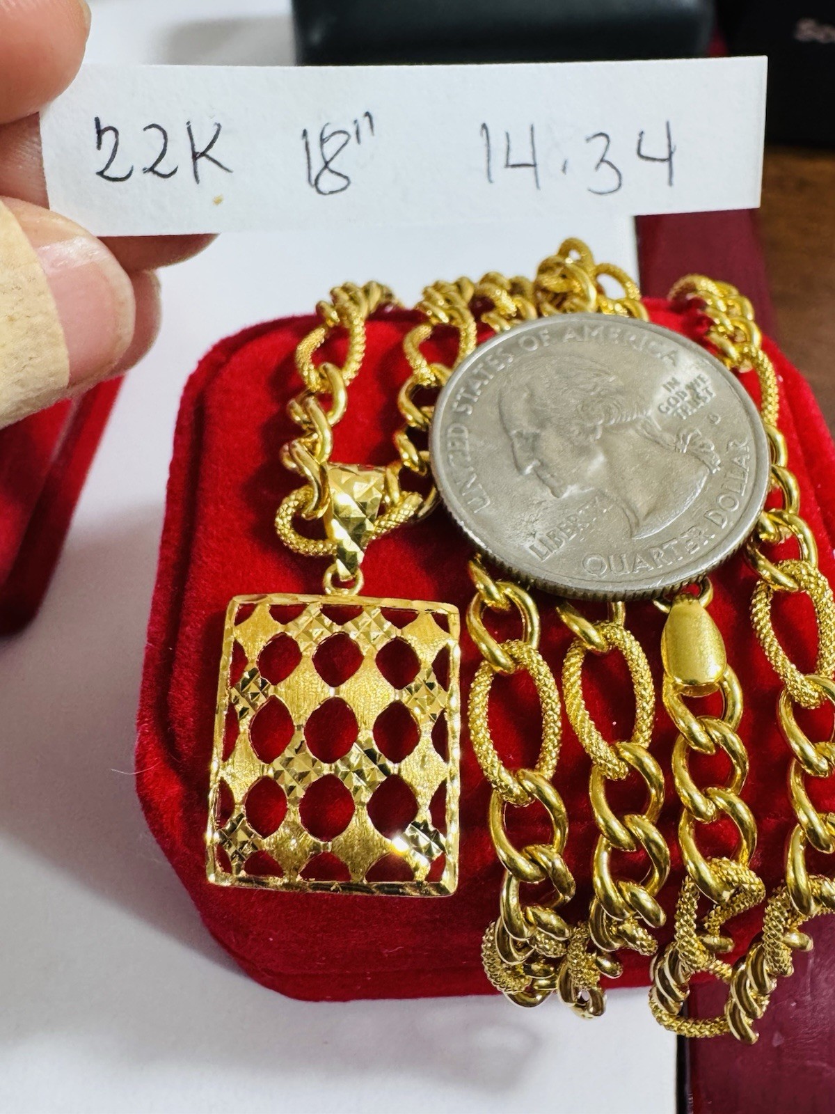 Saudi Solid 22K 916 Real Fine Gold Rectangle Necklace 18” Inch 5.5mm 14.35g