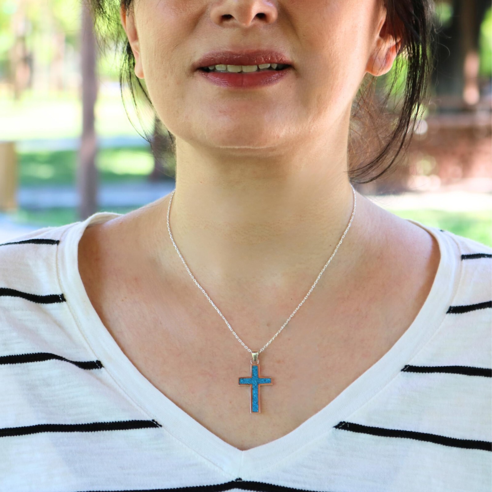 Sterling Silver 925 Blue Turquoise Cross Pendant for Men & Women- No Chain