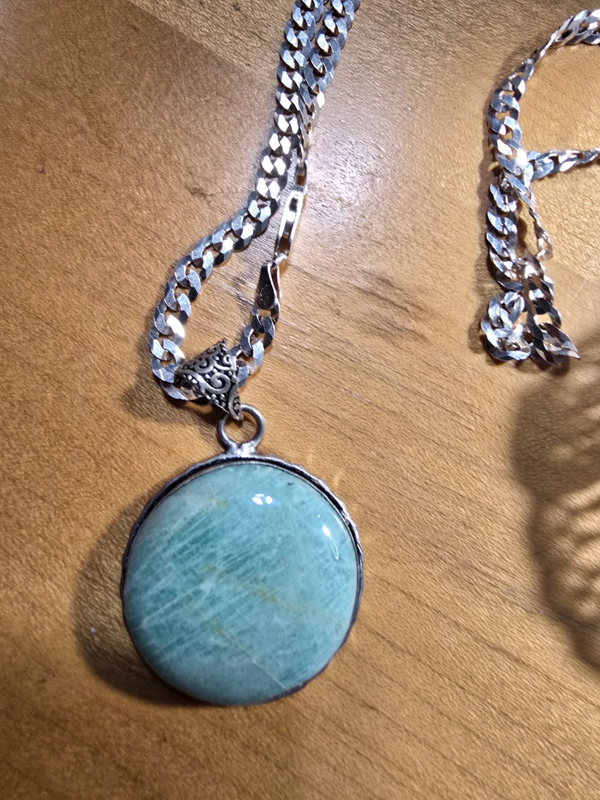 925 sterling silver Amazonite Cabochon Round Pendant W/Cuban Curb Chain Necklace