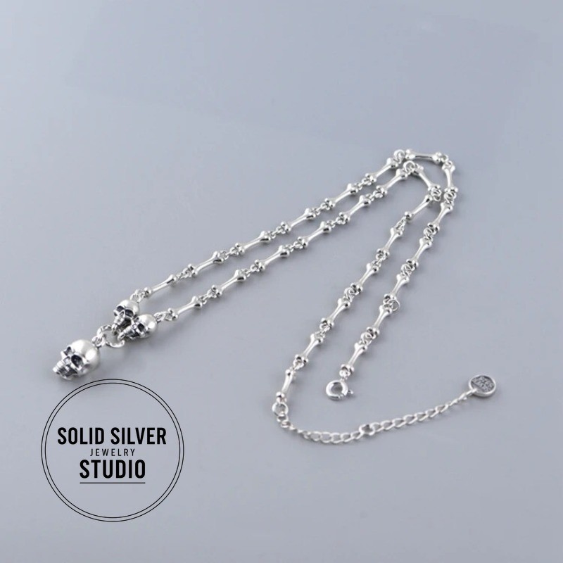 S925 Authentic Sterling Silver Skull&Bone Link Chain Punk Gothic Biker Necklace
