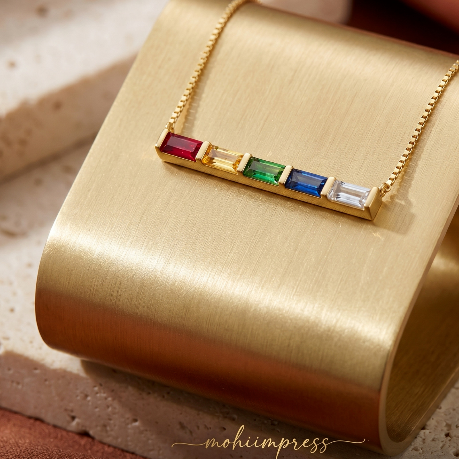 925 Sterling Silver Custom Baguette Birthstone Bar Necklace