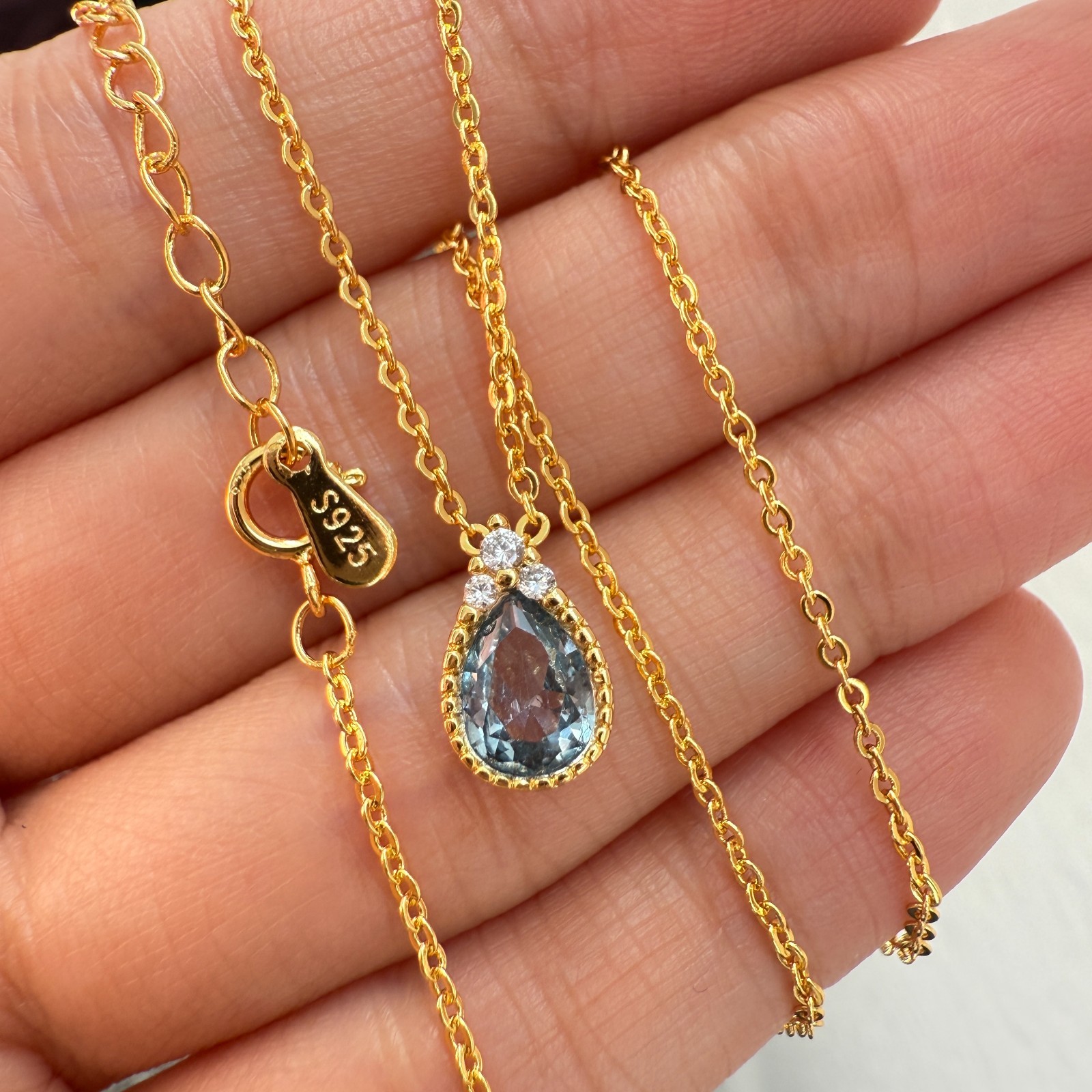 925 Sterling Silver Necklace 8x6mm Natural Aquamarine Zircon 14K Gold Plated NEW