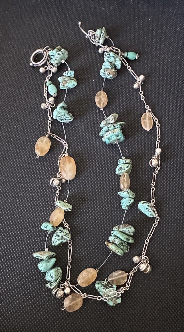 DOUBLE ROW STERLING PAPERCLIP CHAIN W/TURQUOISE NUGGETS & CITRINE NECKLACE