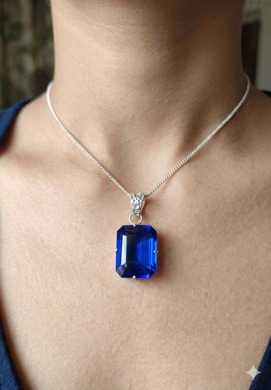 Natural 21 Ct Blue Sapphire Solid Silver Emerald Cut Pendant Certified Gemstone