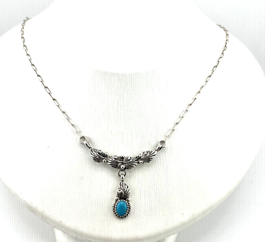 Southwestern Turquoise necklace 925 Sterling silver 18″ dainty lariat