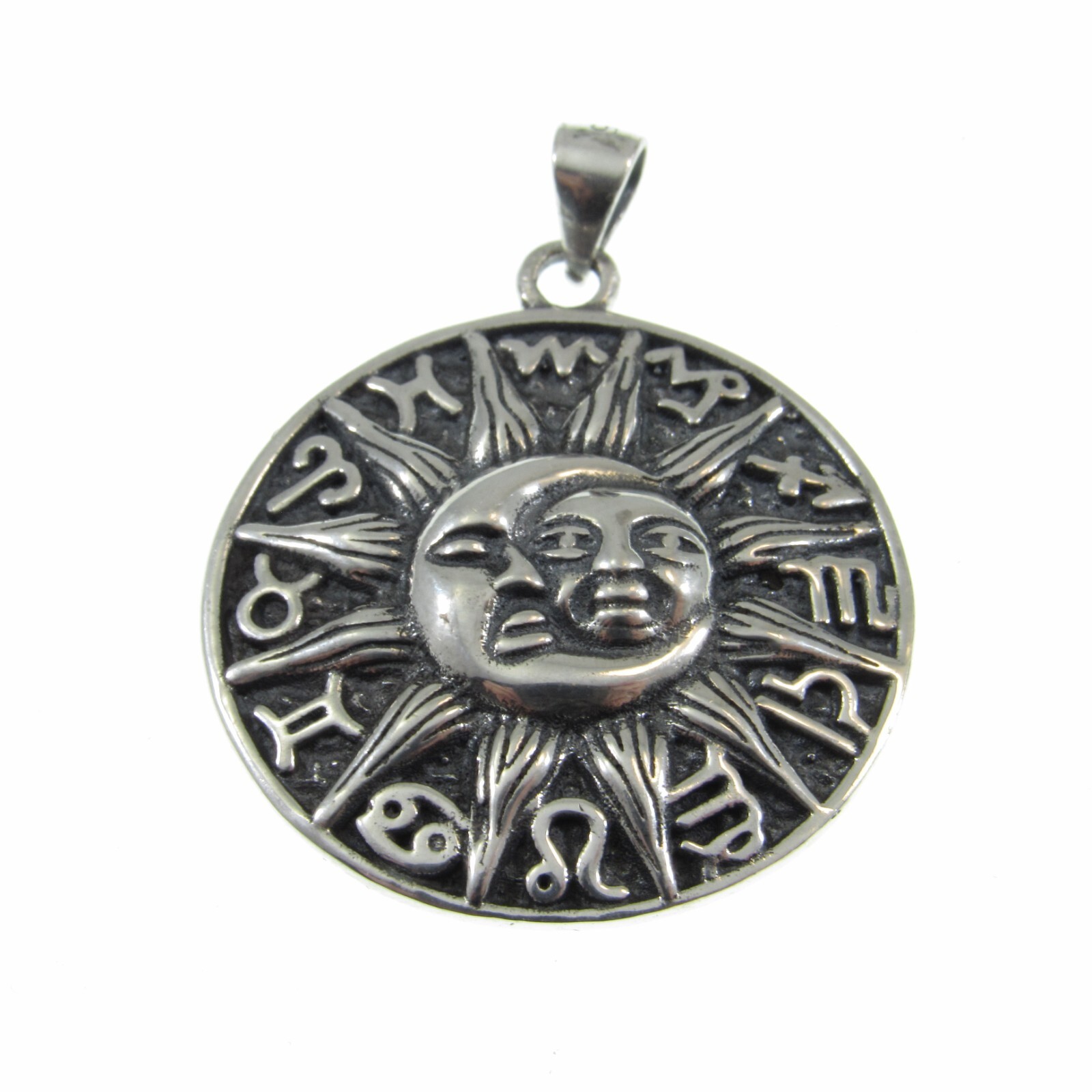 Solid 925 Sterling Silver Zodiac Wheel Moon & Sun Faces w/ Runes Pendant