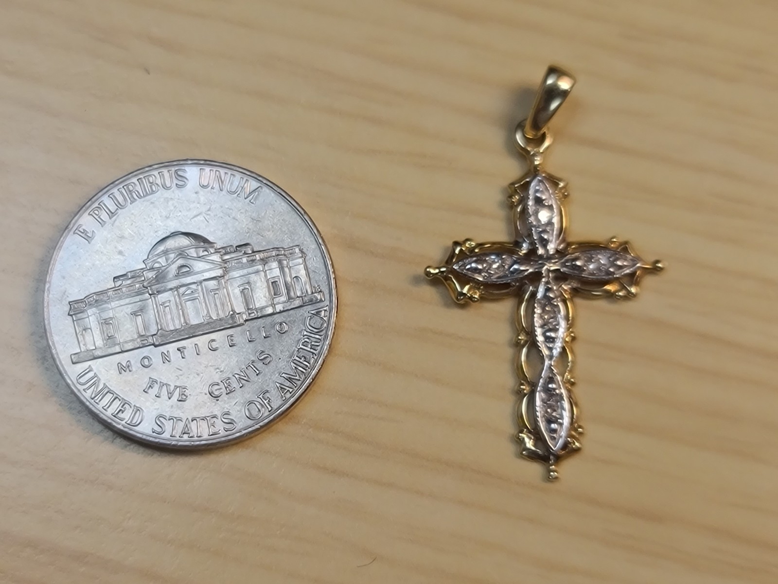 10k Solid Yellow & White Gold Diamond Cross Necklace Pendant 1.22″ Signed .99g