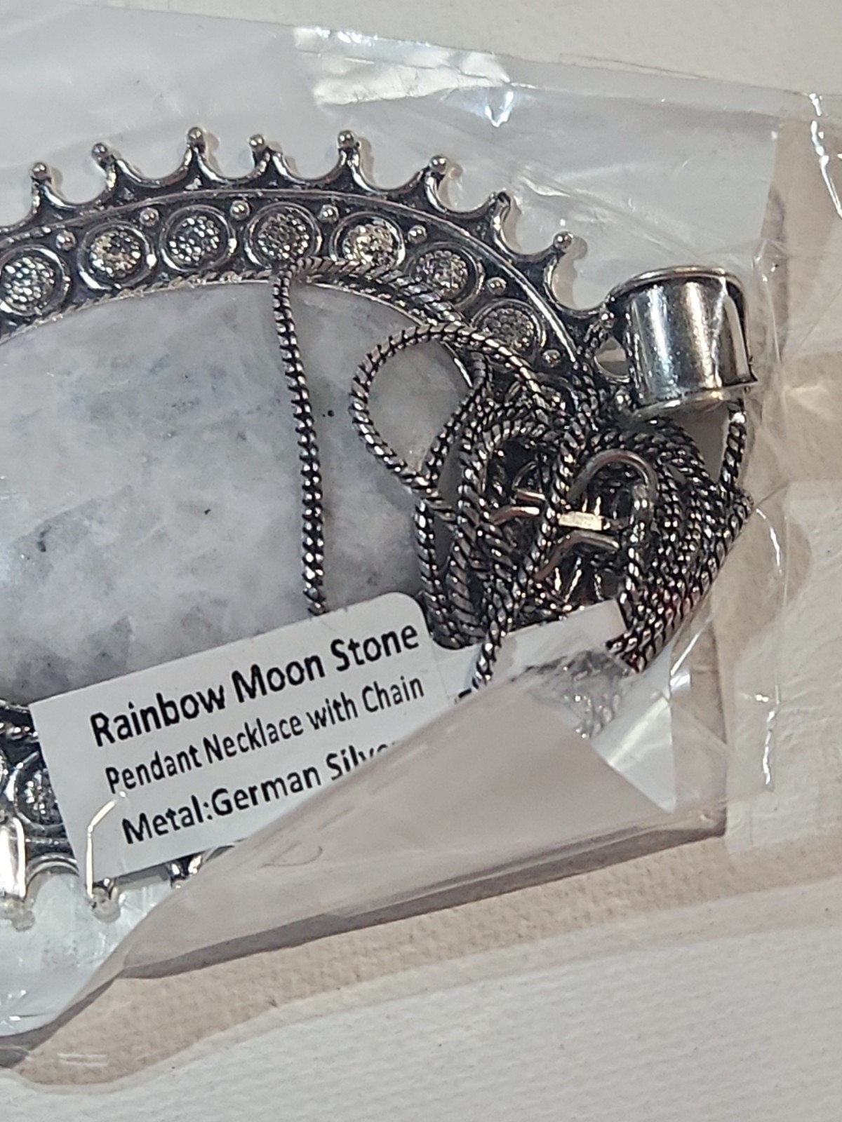 3 Inch German Silver Pendant With A Rainbow Moonstone And Chain (New)