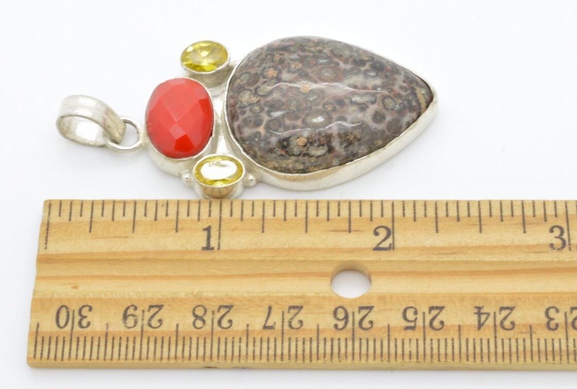 Southwestern Sterling Silver Pendant Signed 925 Red Faceted Cut Stone Granite