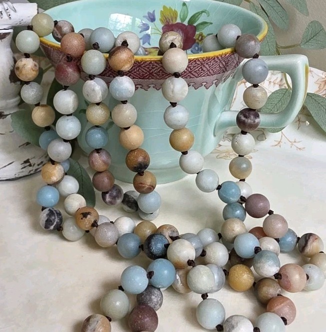 64″ Extra Long Matte Amazonite Necklace Hand Knotted Natural Gemstone Beads Gift