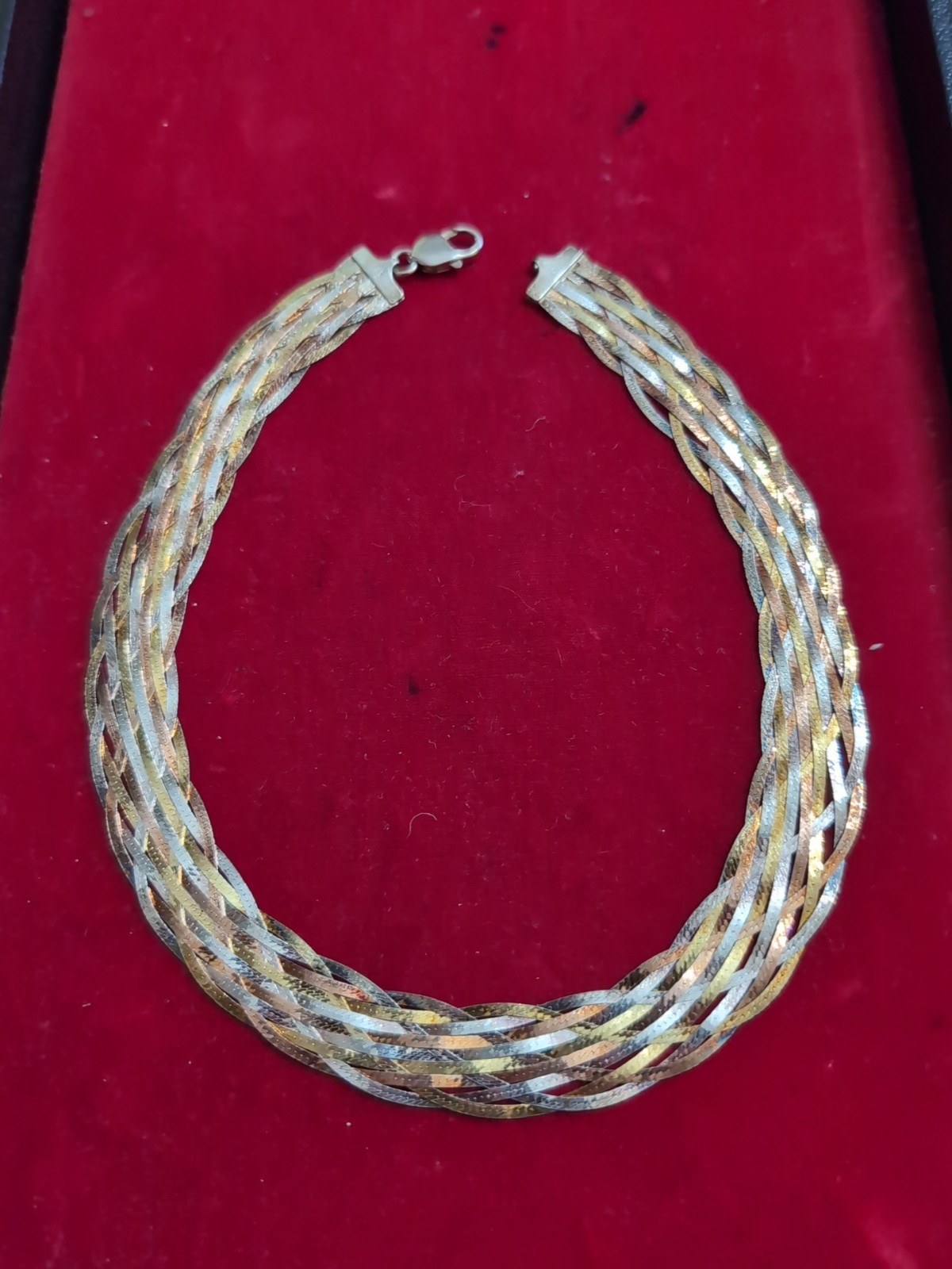 Vintage Tri-Tone Italy Sterling Braided Herringbone 18″ 3/4″ Wide Necklace 33g