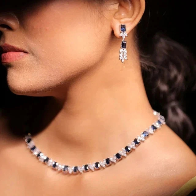 29Ct Emerald Lab-Created Sapphire 14K Wh Gold Plated Necklace & Earrings Set 18″