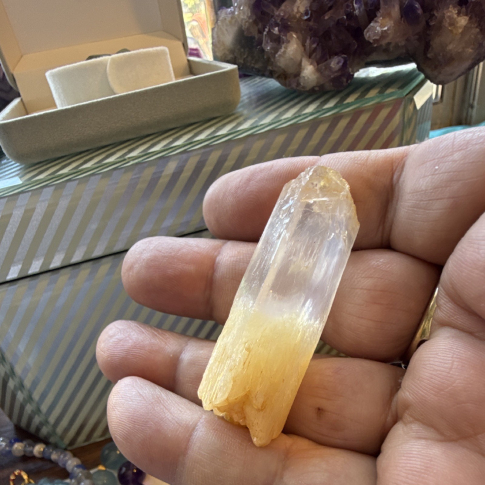 Yellow mango quartz & Clear Crystal Point Pendant Specimen w/ 18k Gold bail